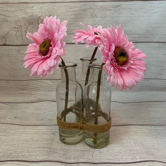 Artificial Pink Gerbera Daisies in Bottles and Twine String Faux Glued Water 9"H - Picture 1 of 10